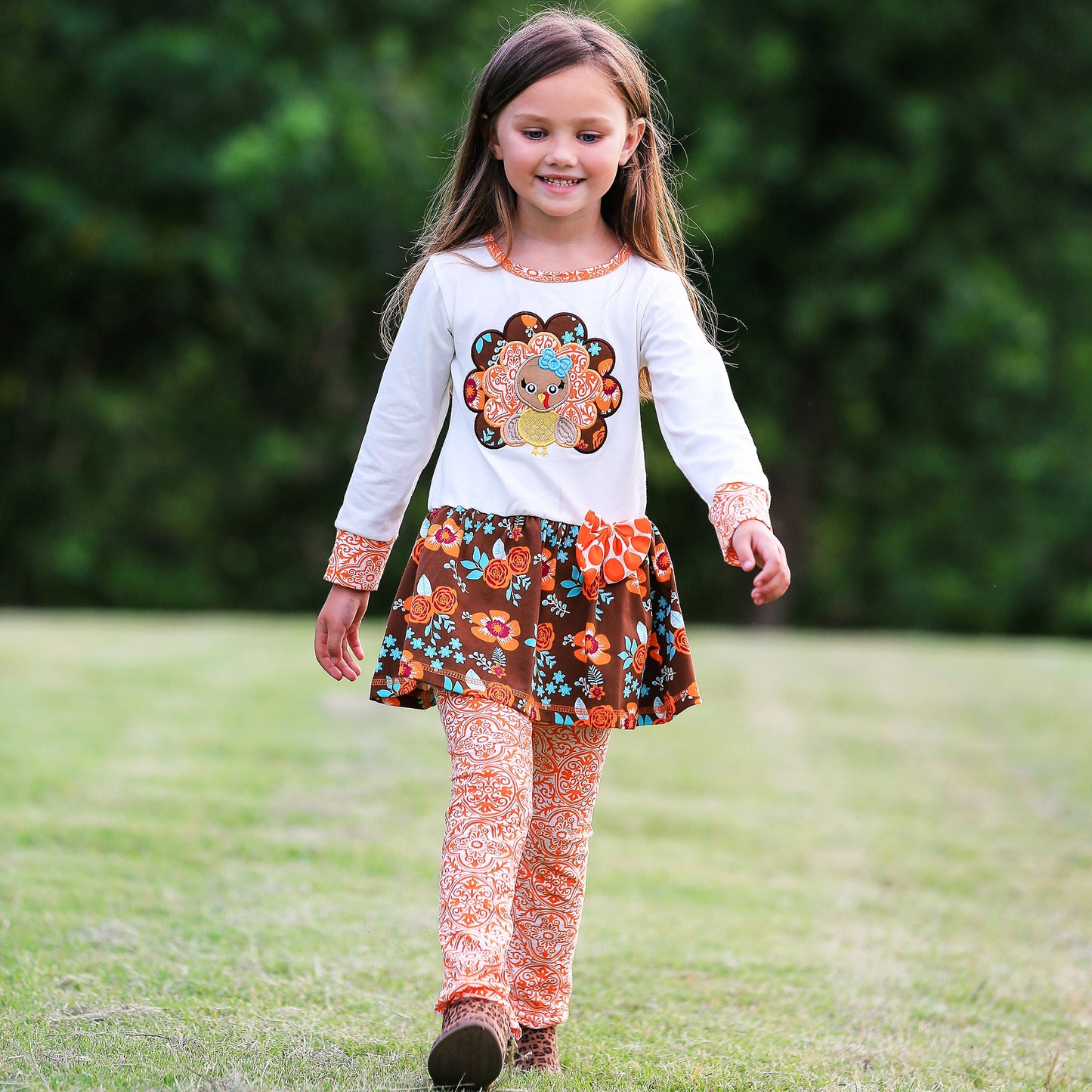 AnnLoren Big Little Girls Autumn Floral Turkey Tunic & Leggings